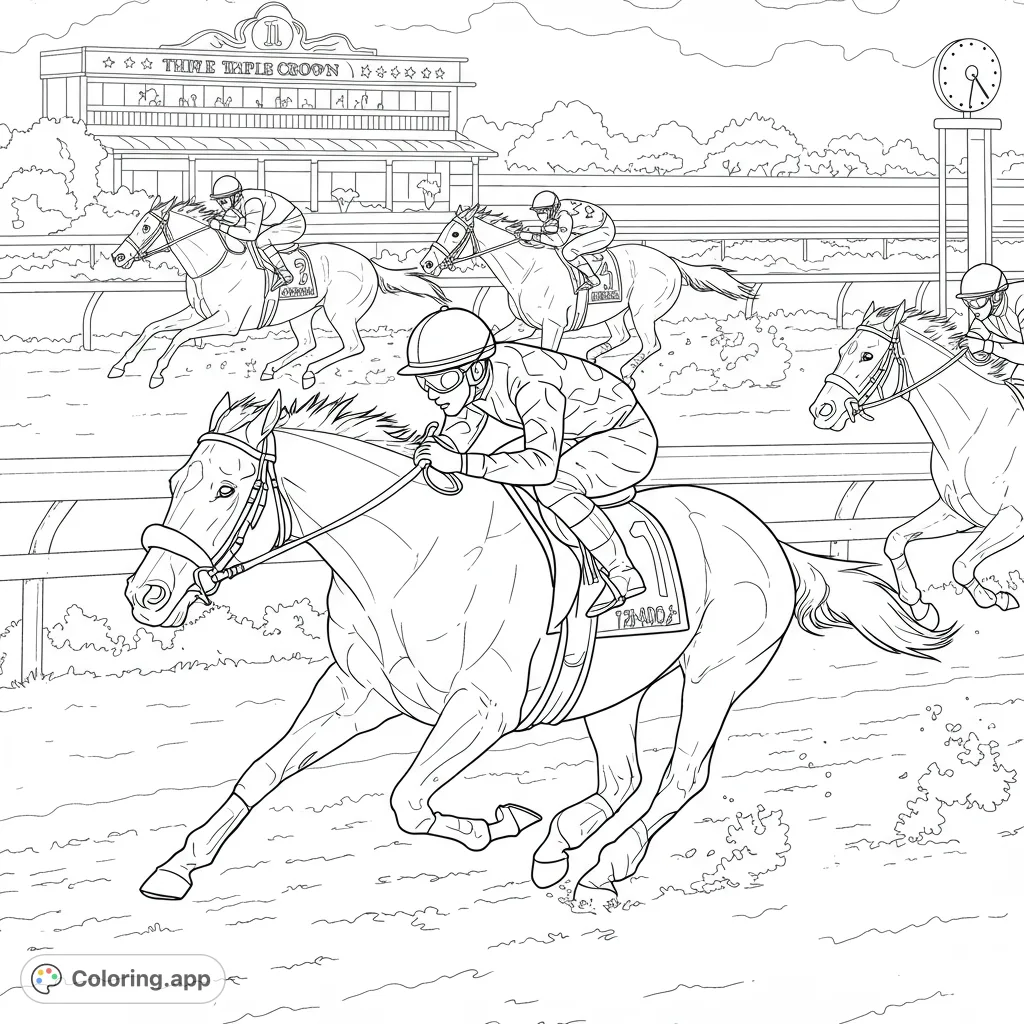 Experience the thrill of a horse race with this dynamic horse racing coloring page. Features powerful horses and jockeys in full gallop.