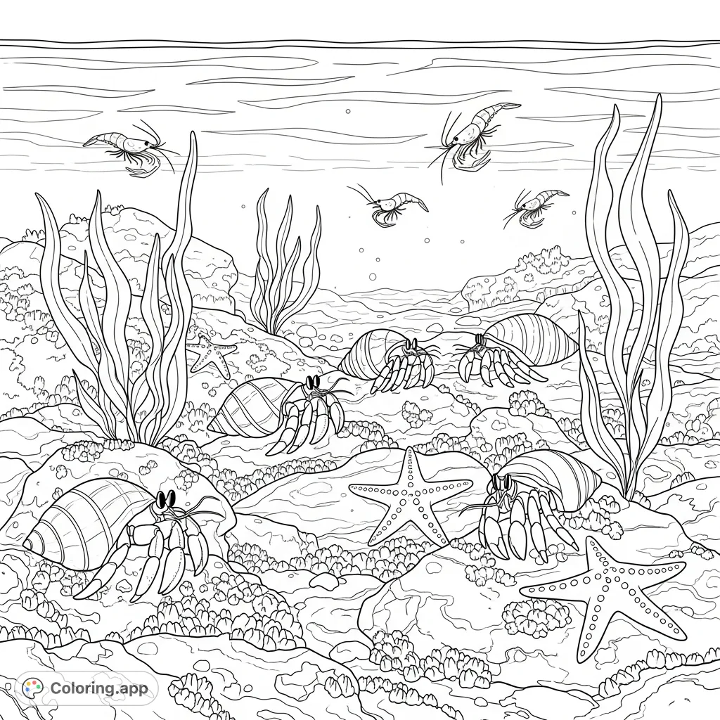 Explore a vibrant tide pool with hermit crabs, starfish, and shrimp among barnacle-covered rocks and swaying seaweed. A captivating scene for nature lovers.