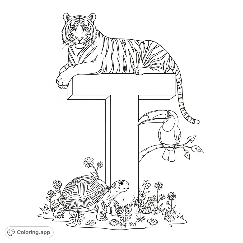 An engaging Letter T coloring page featuring a majestic tiger, a gentle turtle, and a vibrant toucan in an open field with wildflowers. Perfect for learning and fun!
