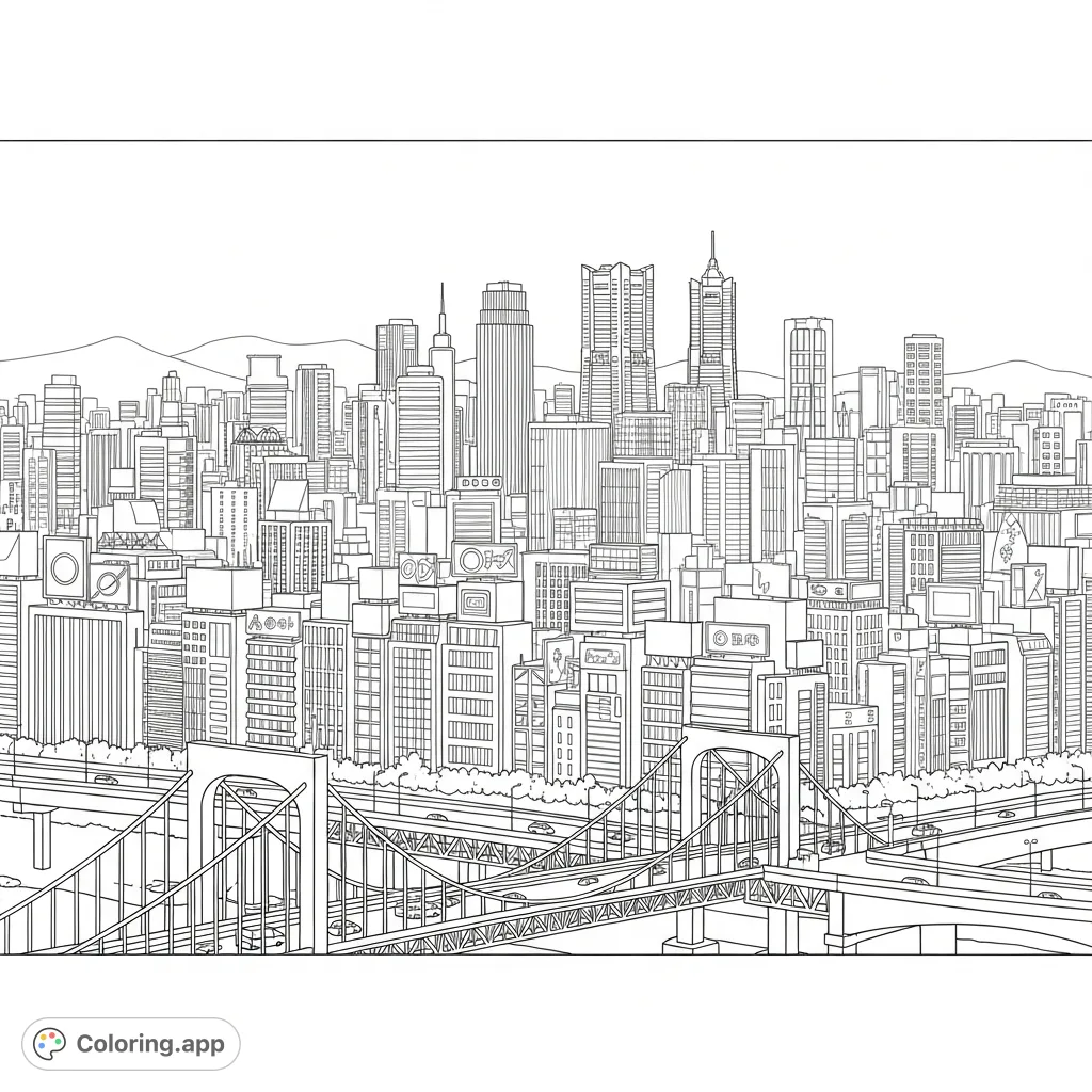 Color an intricate, panoramic Tokyo-inspired skyline featuring towering skyscrapers, detailed bridges, vibrant neon signs, and distant serene hills under a vast sky.