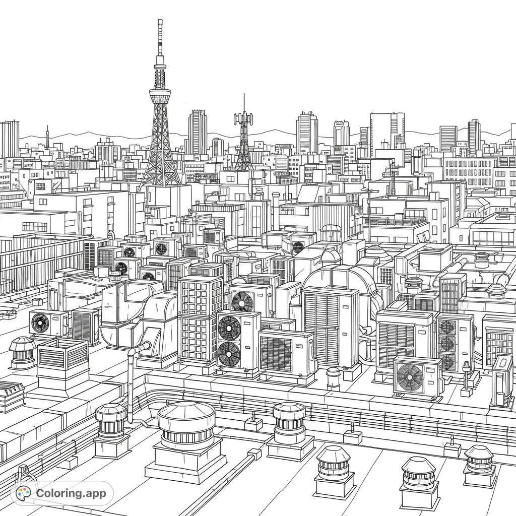 Explore a detailed Tokyo-style rooftop scene, featuring numerous air-conditioning units and a sprawling city skyline with distinct architectural silhouettes.
