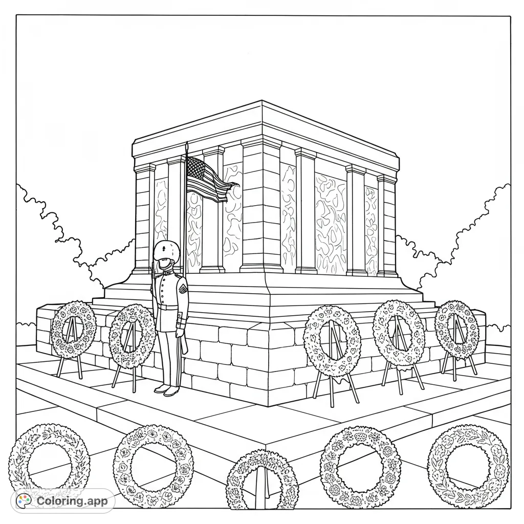A solemn Tomb of the Unknown Soldier coloring page featuring a guard, American flag, and wreaths. A free printable patriotic coloring page for all ages.