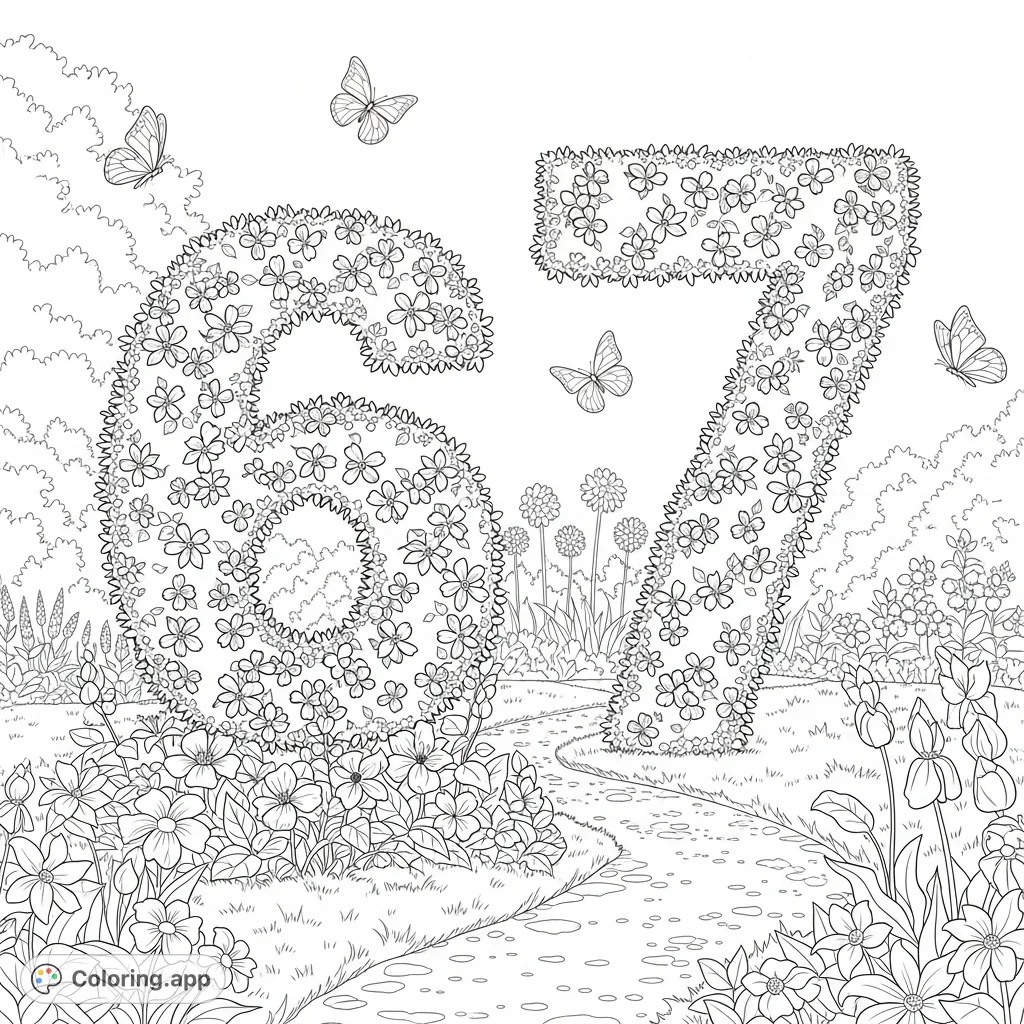 Explore a serene botanical garden featuring grand topiaries shaped as '6' and '7', adorned with floral patterns, blooming flowers, and graceful butterflies.