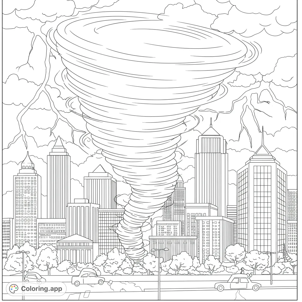 Experience a thrilling tornado over a detailed city skyline. This dynamic weather phenomenon coloring page is a free printable, perfect for kids and adults.