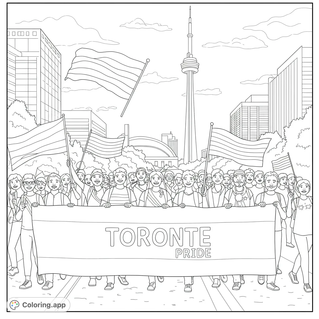 Celebrate diversity with this Toronto Pride parade coloring page! A joyful crowd, rainbow flags, and the iconic city skyline await your vibrant colors.