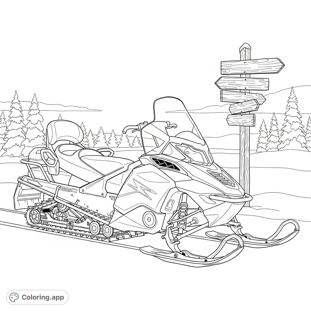 A detailed touring snowmobile with a tall windshield is parked in a serene snowy landscape near a wooden trail sign, inviting a winter journey.