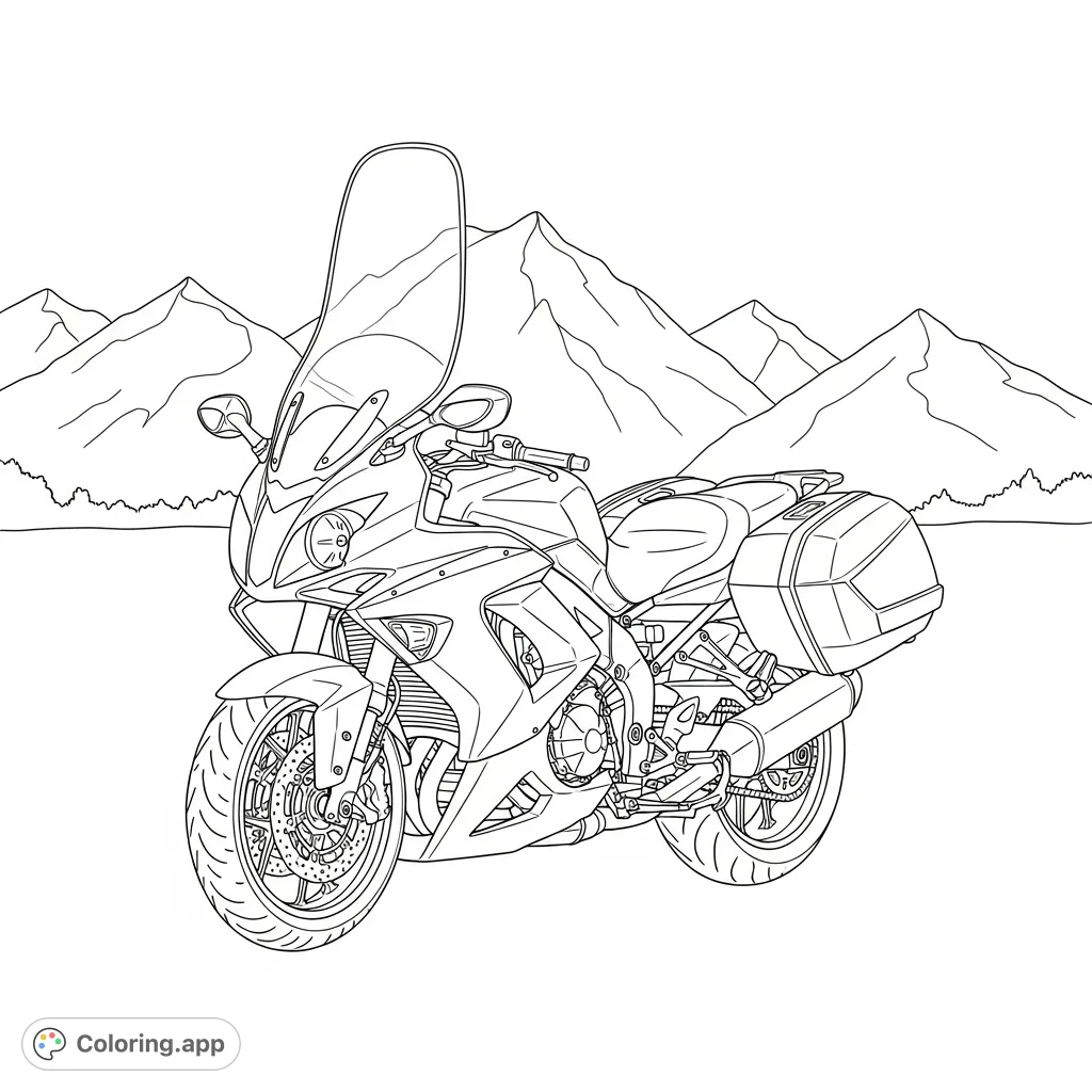 Explore the open road with this detailed touring sport motorcycle coloring page. Features prominent saddlebags, a tall windscreen, and simple mountains.
