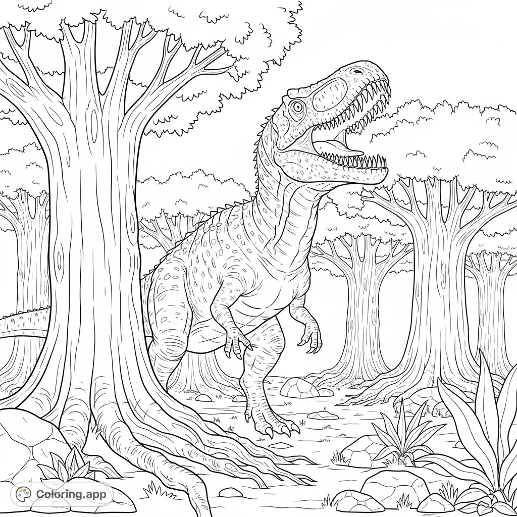 Unleash your creativity on this Giganotosaurus coloring page, featuring the colossal creature snarling in a primordial forest with gnarled trees and ancient roots.