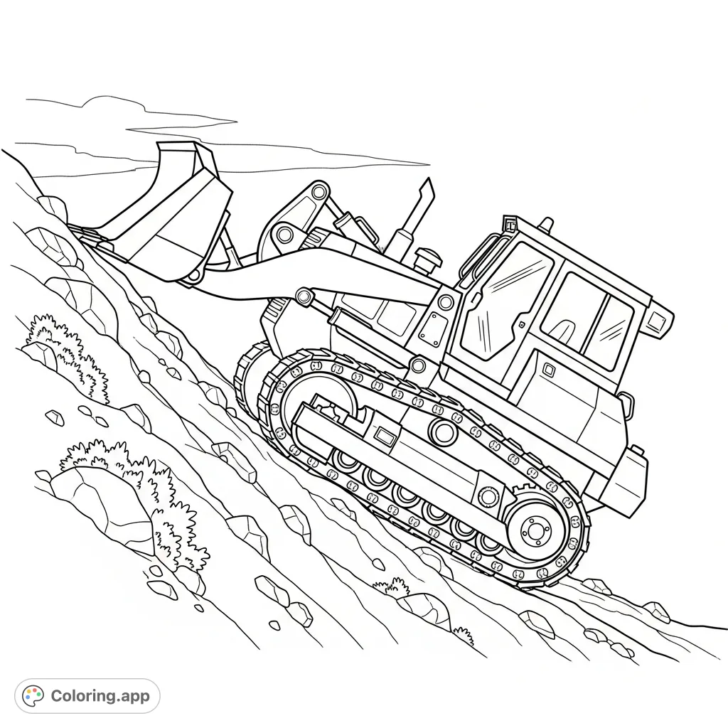 A powerful dozer-style track loader ascends a rugged slope, its simplified tracks gripping the terrain. Ideal for young engineers to color and personalize.