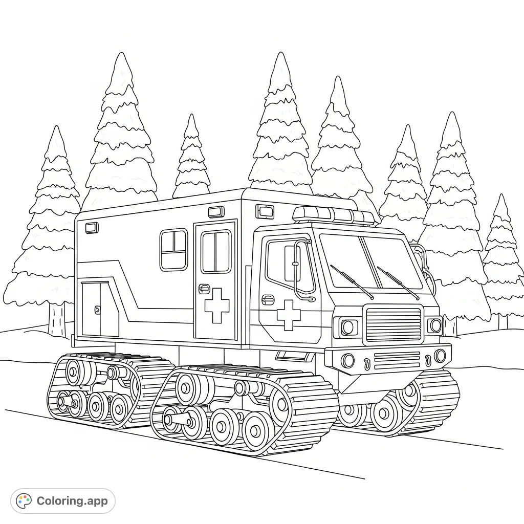 Explore a detailed coloring page featuring a rugged snow-rescue ambulance with tracks, set against a peaceful, snow-covered pine forest. Perfect for all ages!