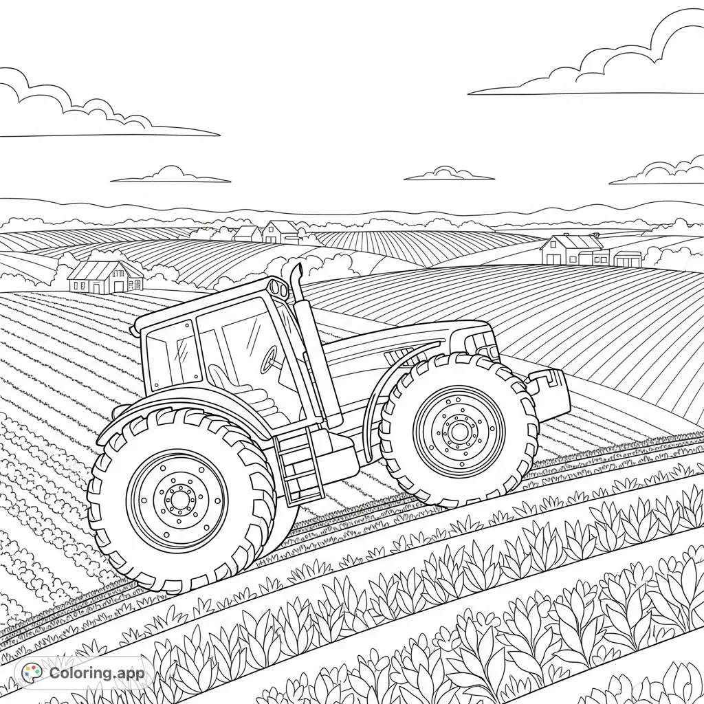 A detailed coloring page featuring a robust tractor climbing a hill, overlooking vast farmland under a sky with soft, minimal clouds. Perfect for all ages.