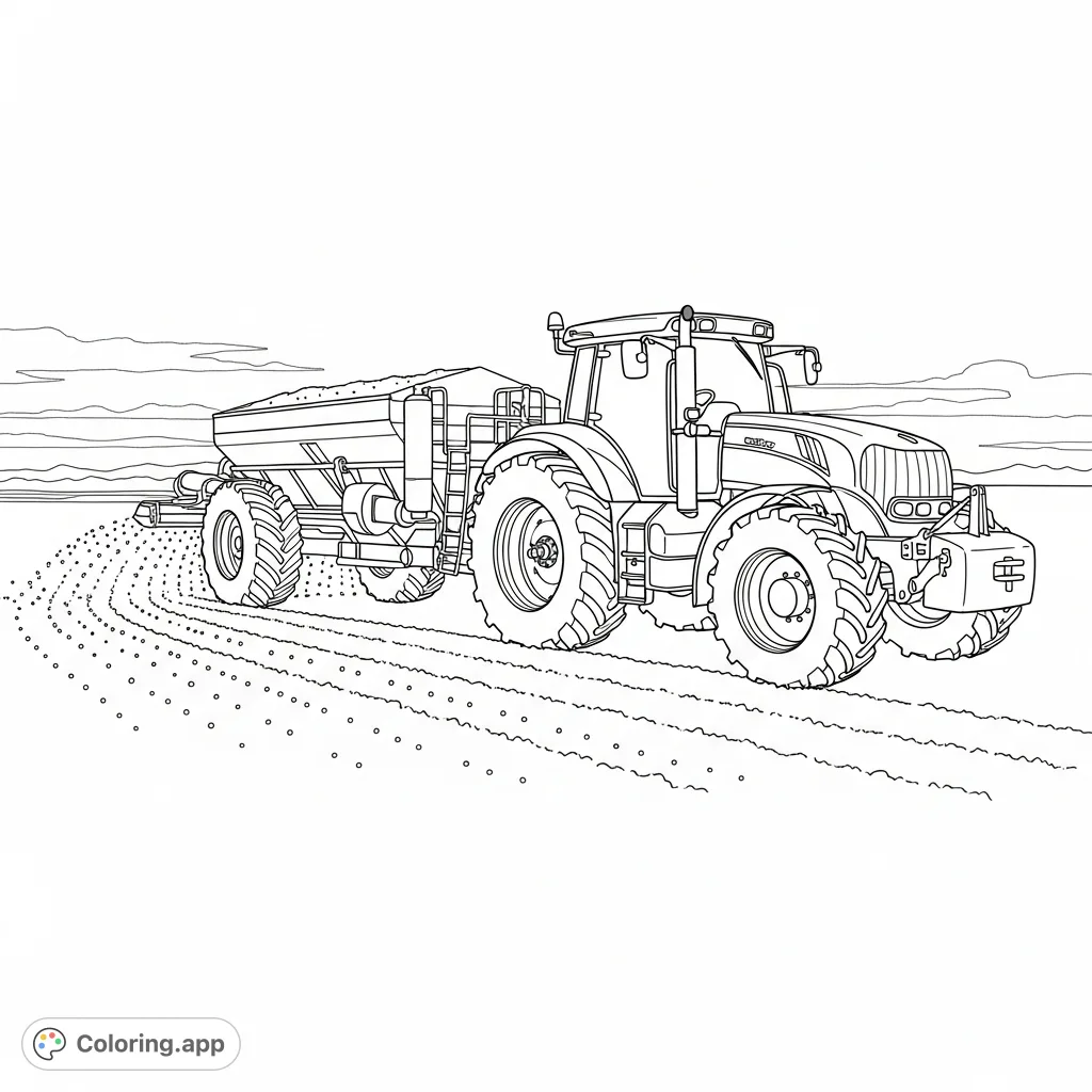 A detailed coloring page featuring a modern tractor with a fertilizer spreader in an agricultural field, depicting the spread pattern with dots and arcs.