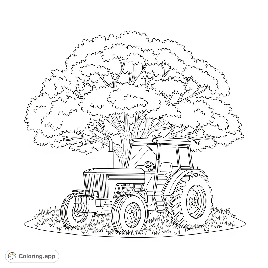 A charming coloring page featuring a robust farm tractor parked peacefully beneath a grand, leafy tree. Simple shapes define the natural elements for easy coloring.