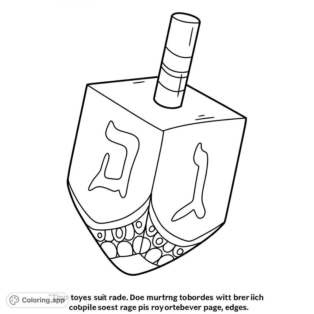A classic Hanukkah dreidel coloring page, perfect for celebrating the festive season. Features traditional Hebrew letters and a decorative base.