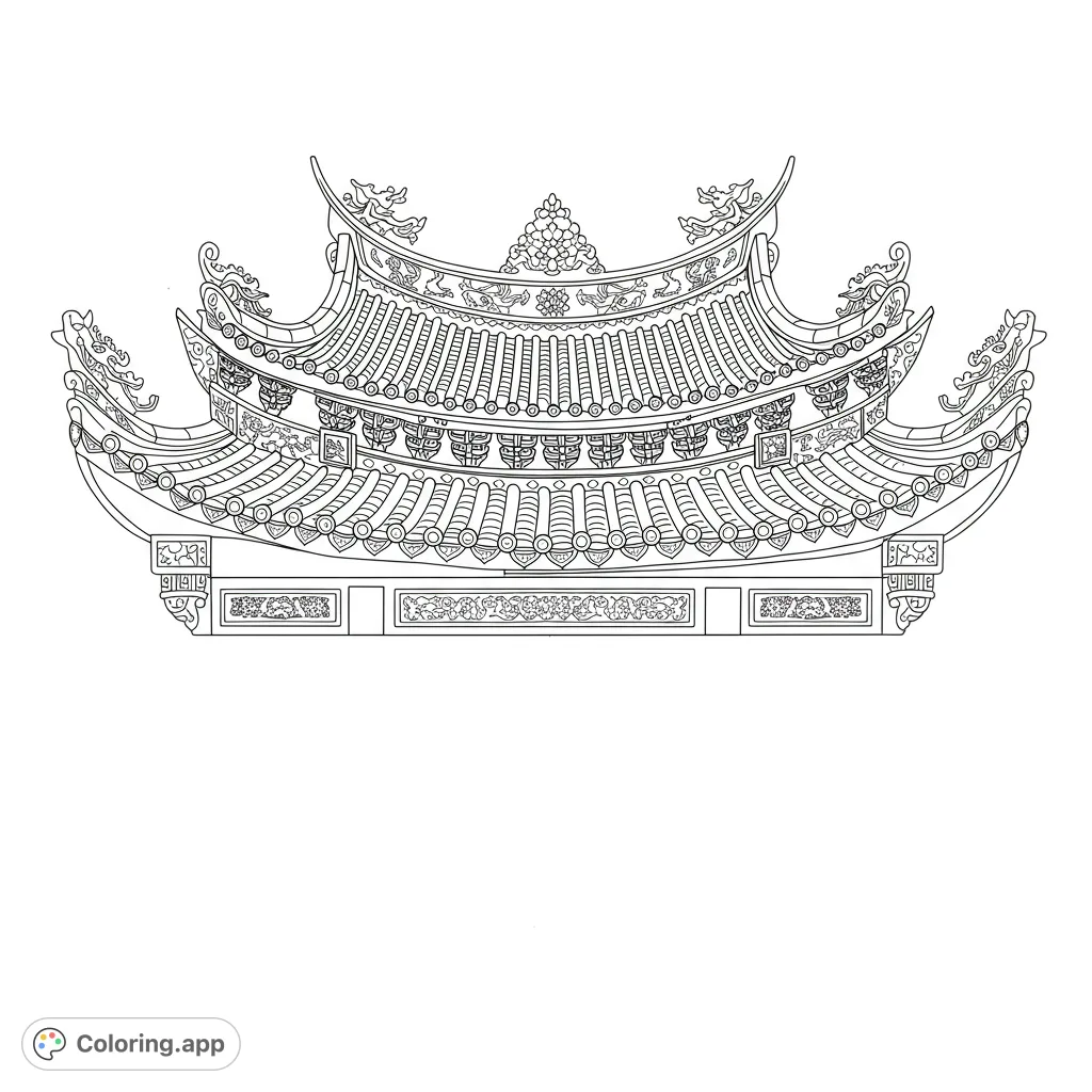 Intricate traditional Asian temple roof with detailed tiles, ornate eaves, and mythical creature decorations. A complex cultural coloring challenge.