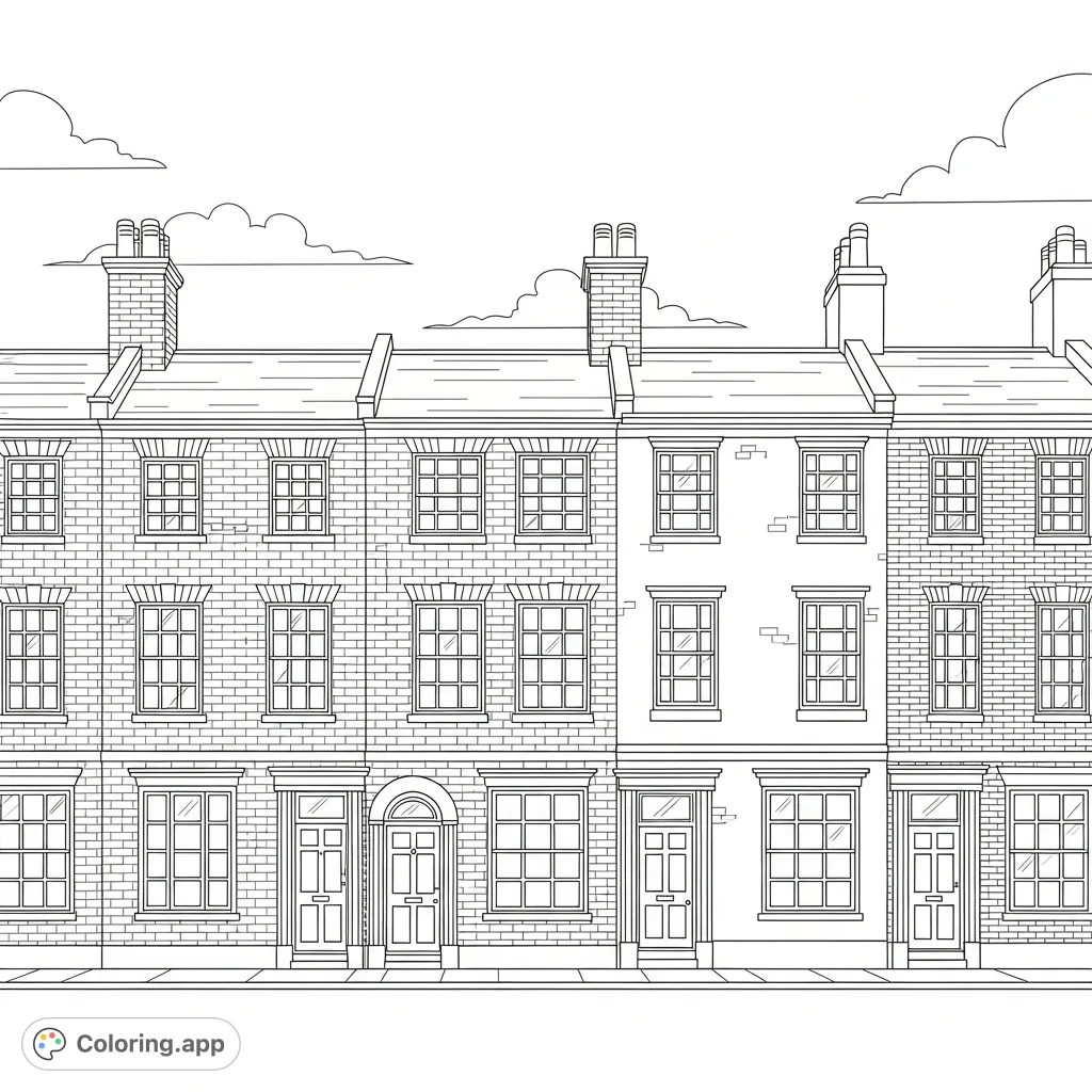 A charming coloring page depicting a row of classic townhouses with distinct architectural features like chimneys, detailed windows, and brick patterns.