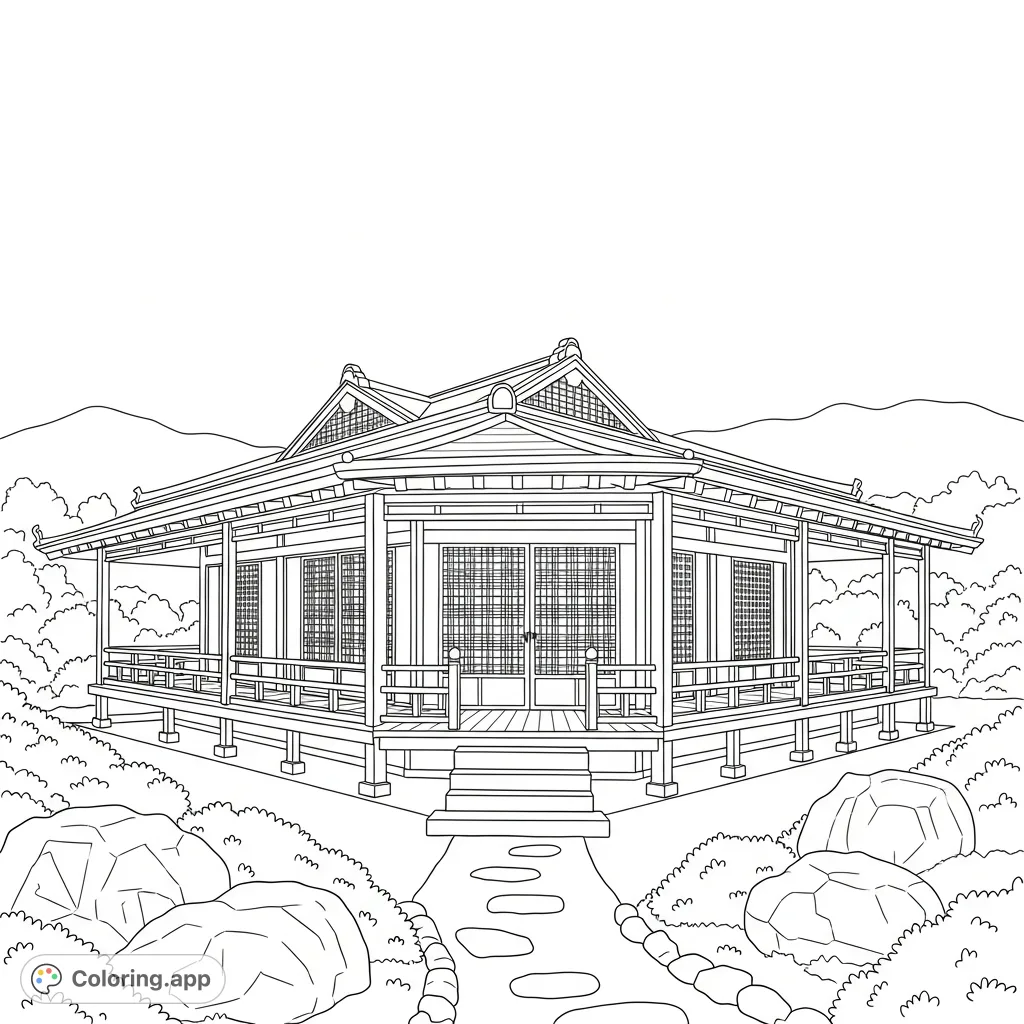 Discover a charming traditional wooden house featuring delicate sliding doors, an inviting veranda, and classic sloped rooflines, set amidst a tranquil garden.