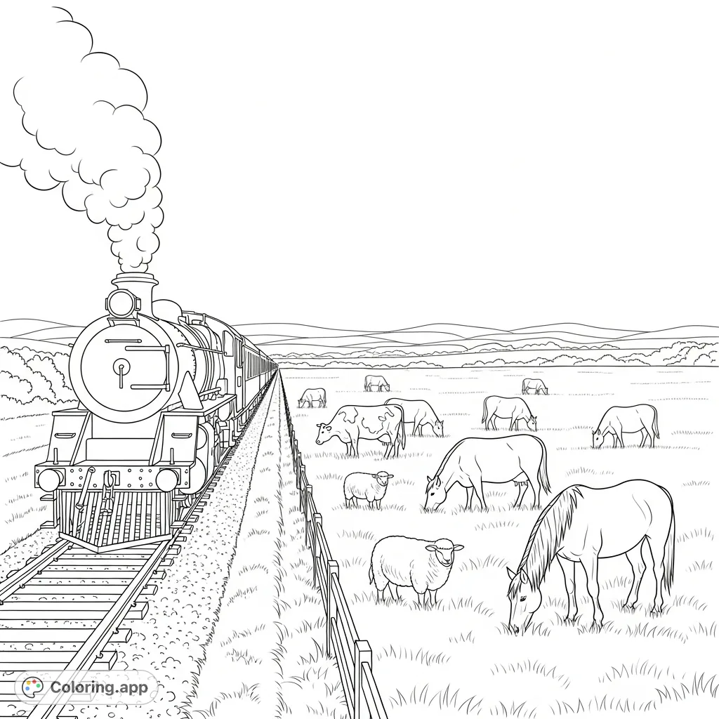 A detailed scene featuring a classic train moving alongside a field filled with various grazing animals like cows, sheep, and horses, set against rolling hills.
