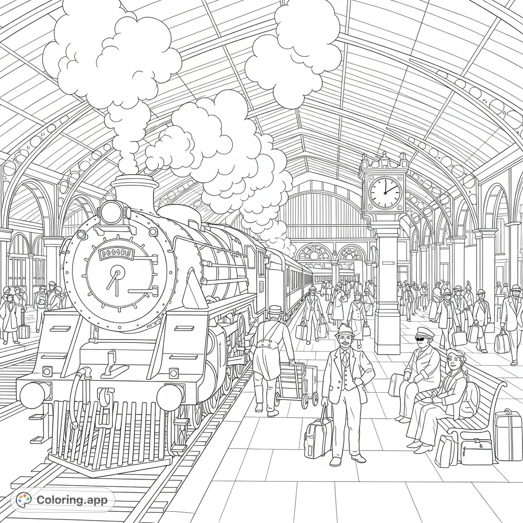 A detailed scene of a classic steam train pulling into a bustling station, complete with waiting passengers and intricate architectural elements.