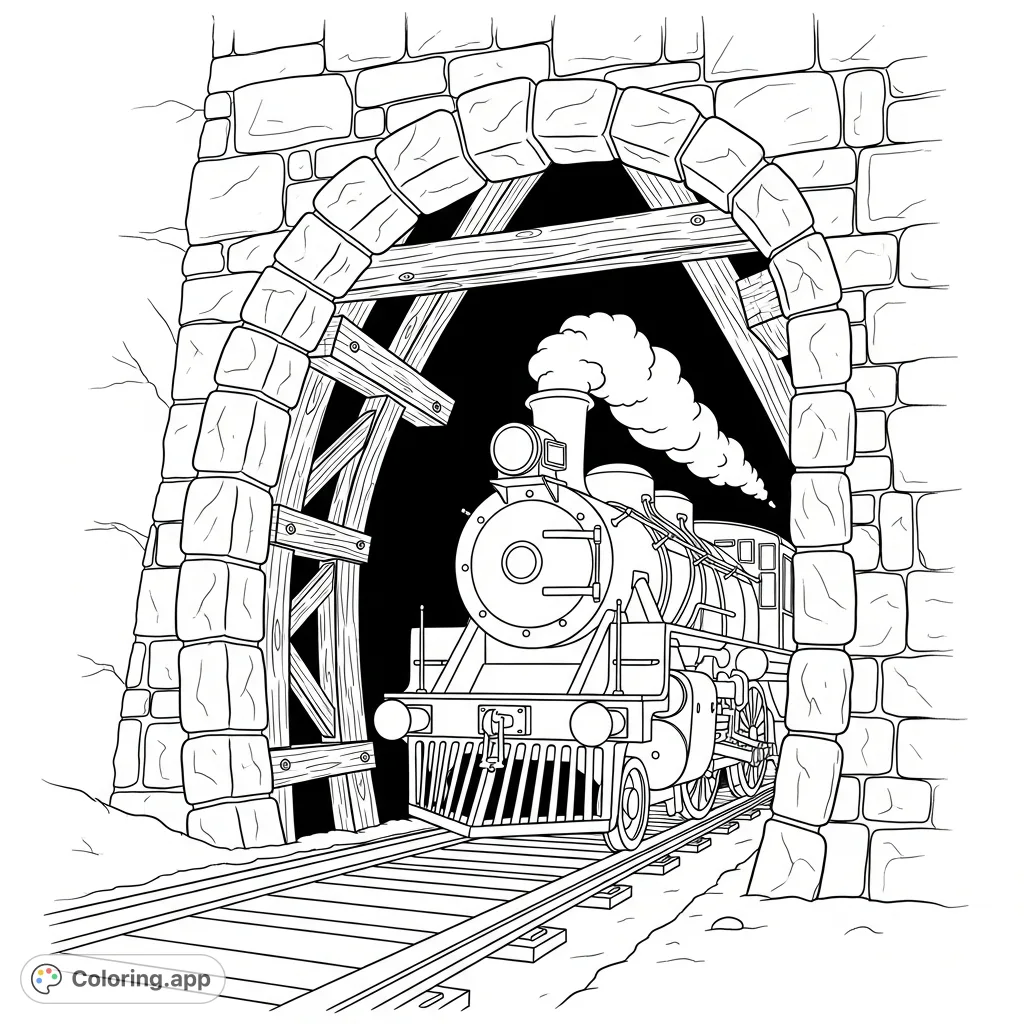 A powerful locomotive emerges from a dark, stone tunnel, billowing smoke. A thrilling scene of motion and mystery, perfect for creative coloring.