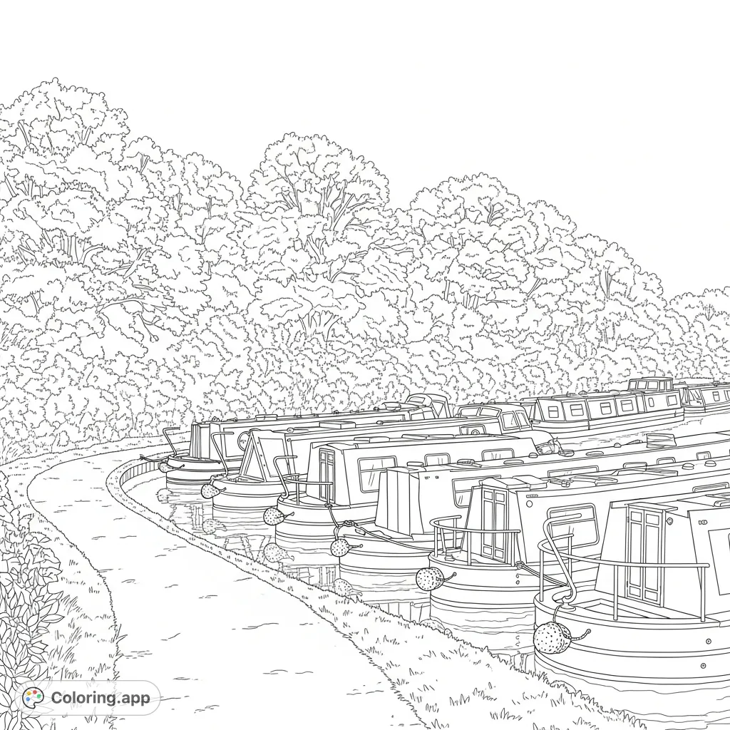 A serene canal path with traditional narrowboats moored alongside a reflective waterway, bordered by a dense, verdant treeline and clear sky.