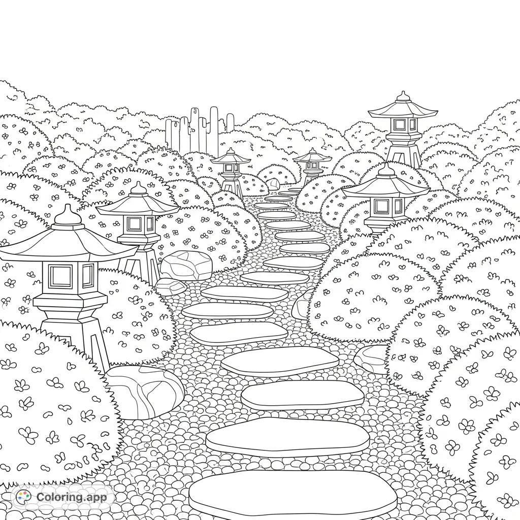 A winding garden path bordered by neat shrubs and smooth stones, with elegant lanterns illuminating the way. A peaceful scene awaits your creative touch.