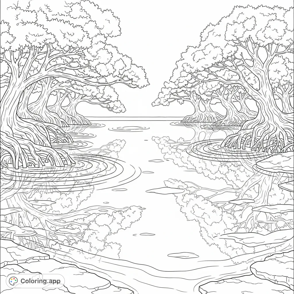 A tranquil lagoon features overhanging trees with visible roots, gracefully reflecting in the calm water. Gentle ripples extend from the banks, inviting serenity.