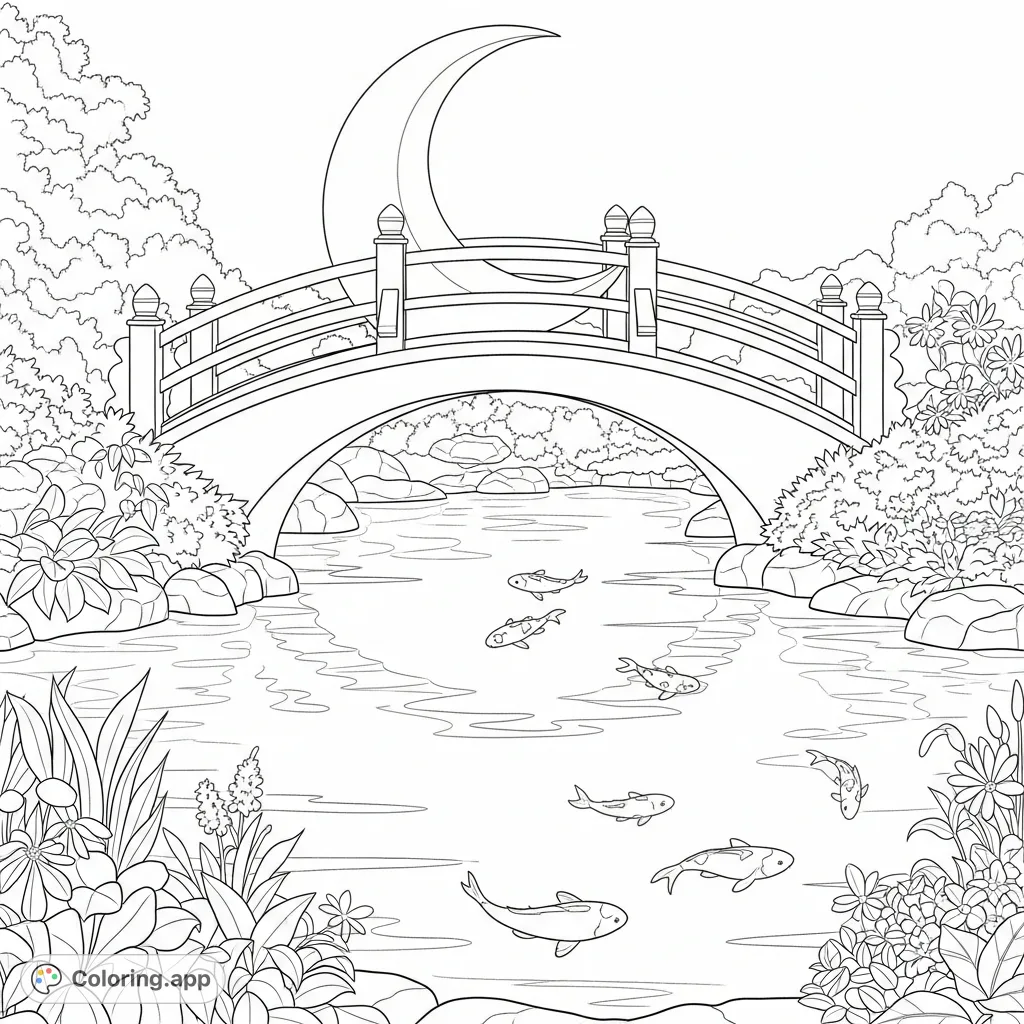 Discover a serene moon bridge gracefully arching over a calm garden pond. Minimal koi silhouettes swim amidst lush foliage, inviting peaceful coloring.