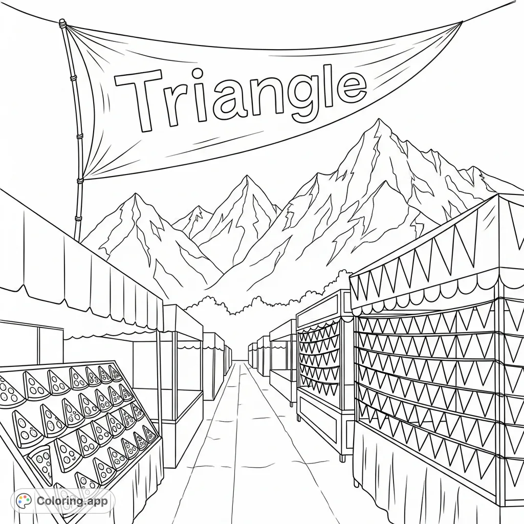 Explore a lively street fair with a 'Triangle' banner, pizza slices, pennant flags, and majestic snow-capped mountains. A fun, detailed coloring page!
