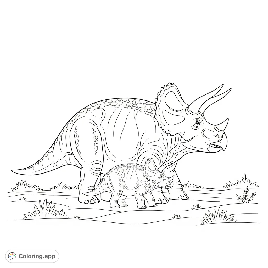 A heartwarming scene of an adult triceratops guiding its baby across ancient terrain. Features prominent horns, textured scales, and prehistoric plant life.