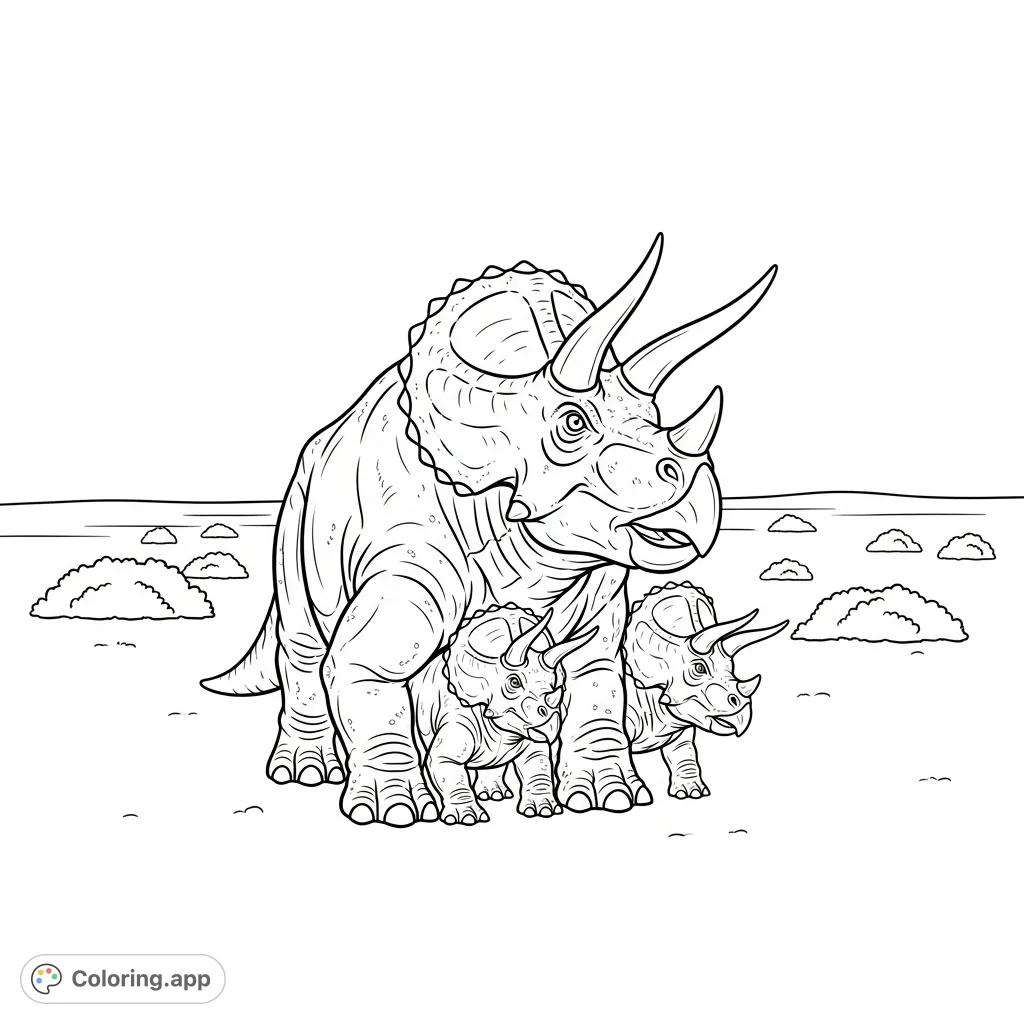 A protective adult Triceratops shields its young on an open plain. Features prominent horns, frill, and plated skin. A captivating dinosaur coloring page!