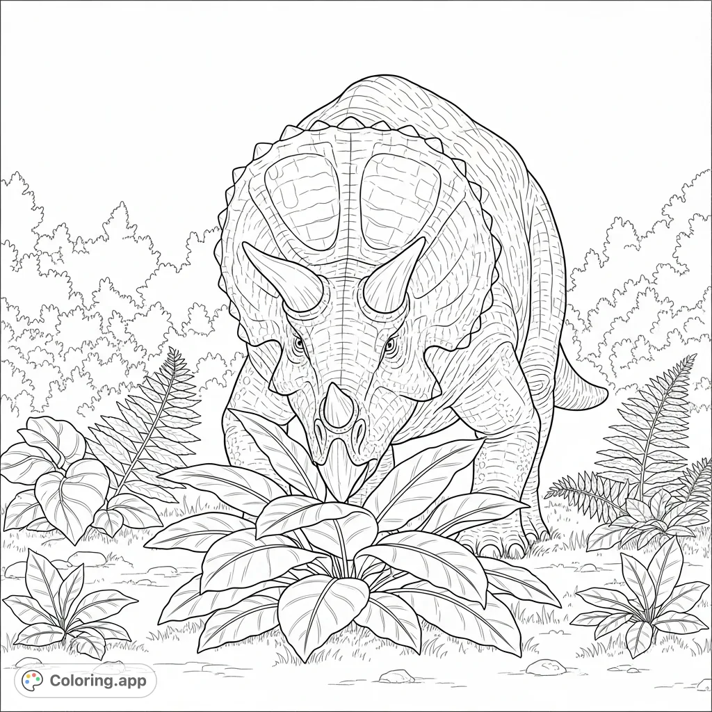 An impressive triceratops grazes peacefully amidst a lush prehistoric fern forest, featuring its iconic frill, horns, and textured scales.