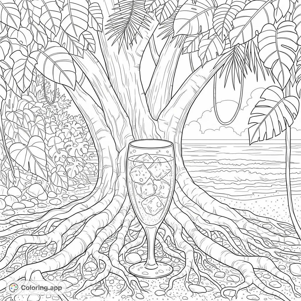 Discover a refreshing beach cocktail nestled among ancient tree roots on a secluded shore. A detailed tropical drink coloring page for relaxation.