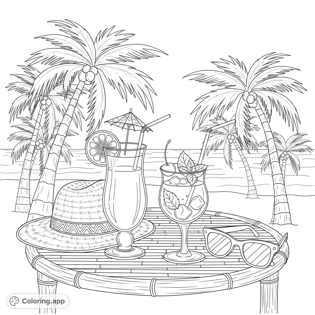 Unwind with this tropical beach coloring page featuring two refreshing cocktails on a bamboo table, a straw hat, sunglasses, swaying palms, and the sparkling ocean.