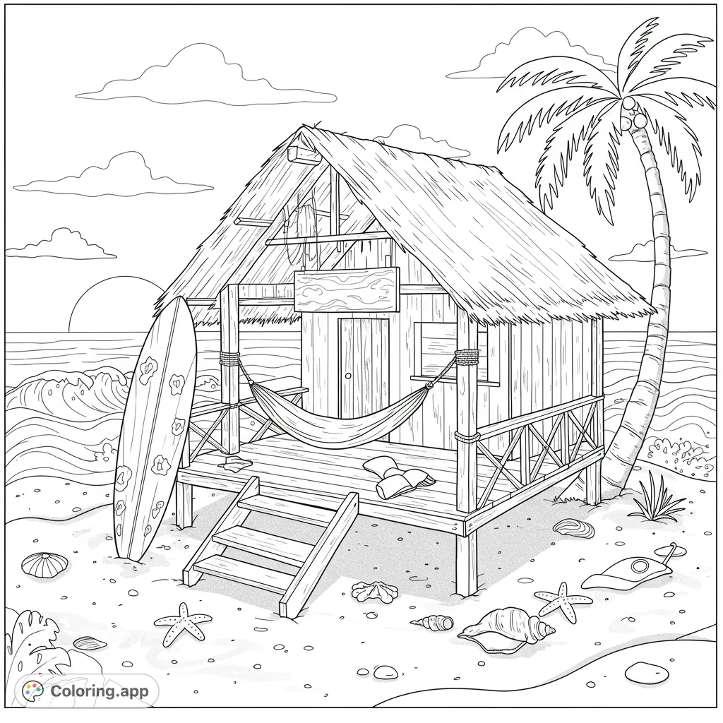 Relaxing tropical beach hut scene with a surfboard, hammock, and palm tree by the ocean at sunset. Perfect for a serene coloring escape.