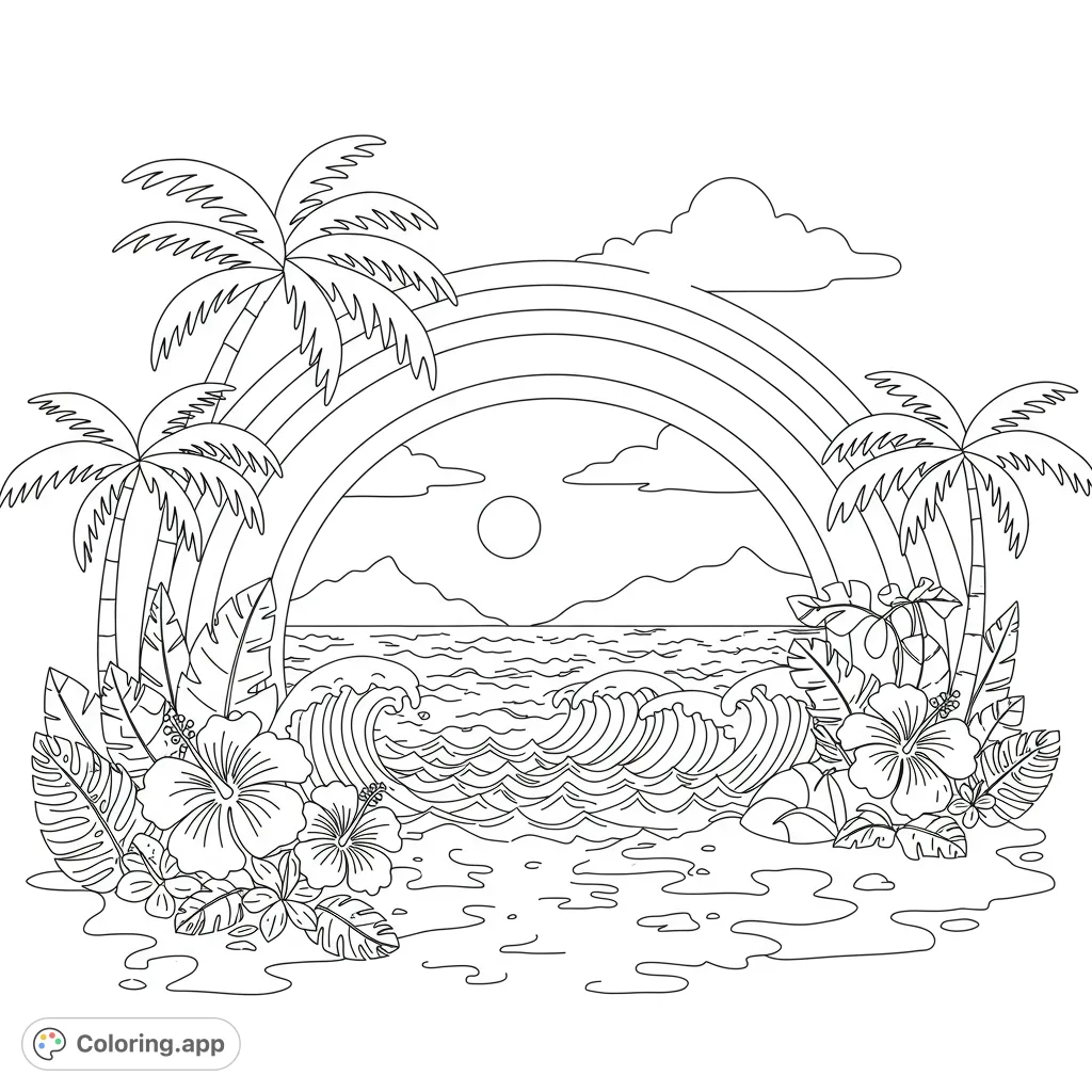 Escape to a tropical beach paradise with palm trees, crashing waves, vibrant hibiscus flowers, and a beautiful rainbow. A free printable coloring page.