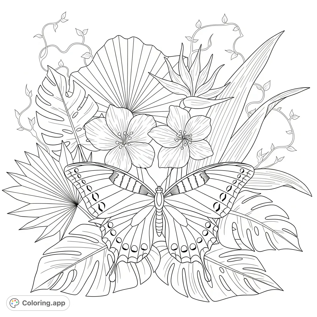 An intricate butterfly with delicate wings amidst lush, oversized tropical leaves and exotic blooms. A serene garden scene full of natural beauty.