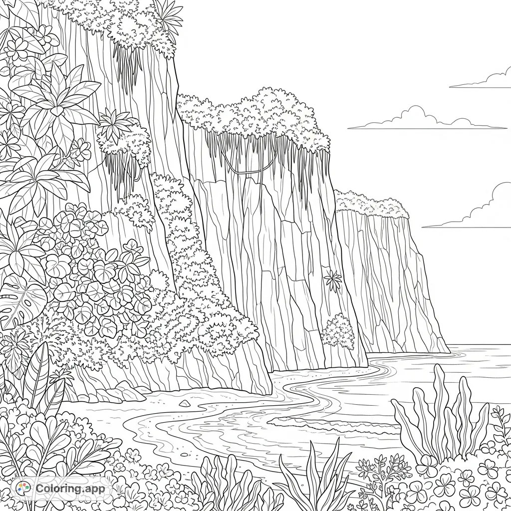 Explore a stunning tropical coastline featuring majestic cliffs covered in dense, exotic vegetation, with gentle waves at their base and a hint of open sky.