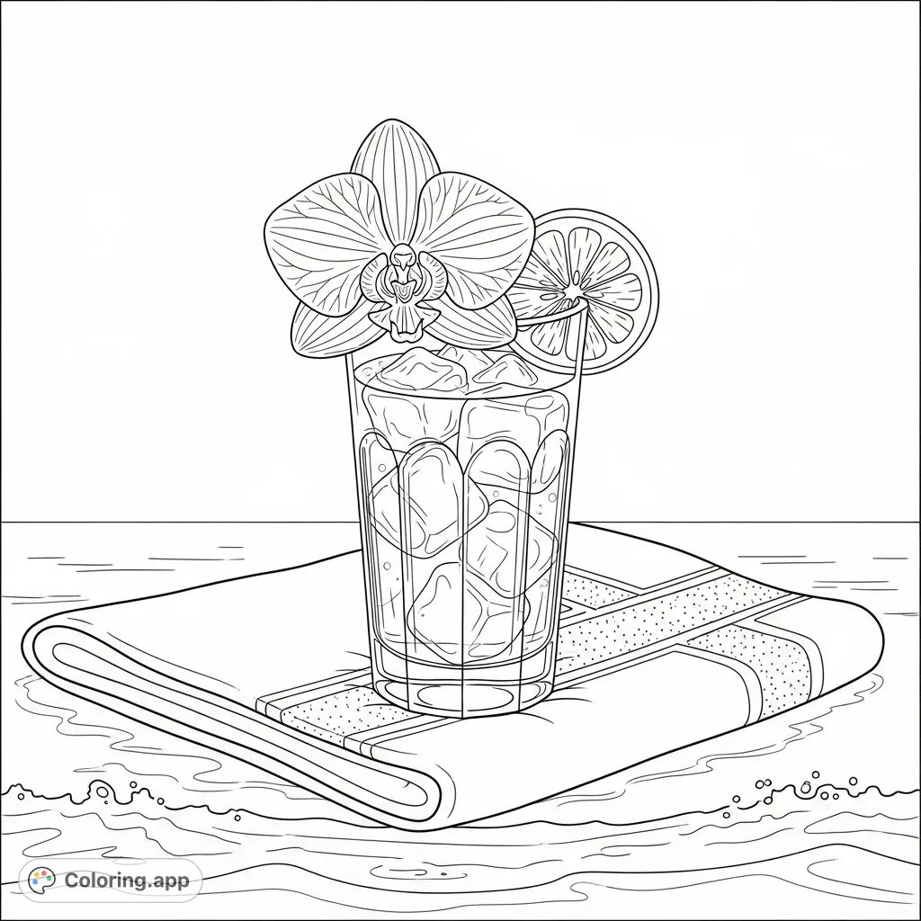 A refreshing cocktail, adorned with a delicate orchid, rests on a textured beach towel with the ocean's edge nearby. Perfect for relaxation.