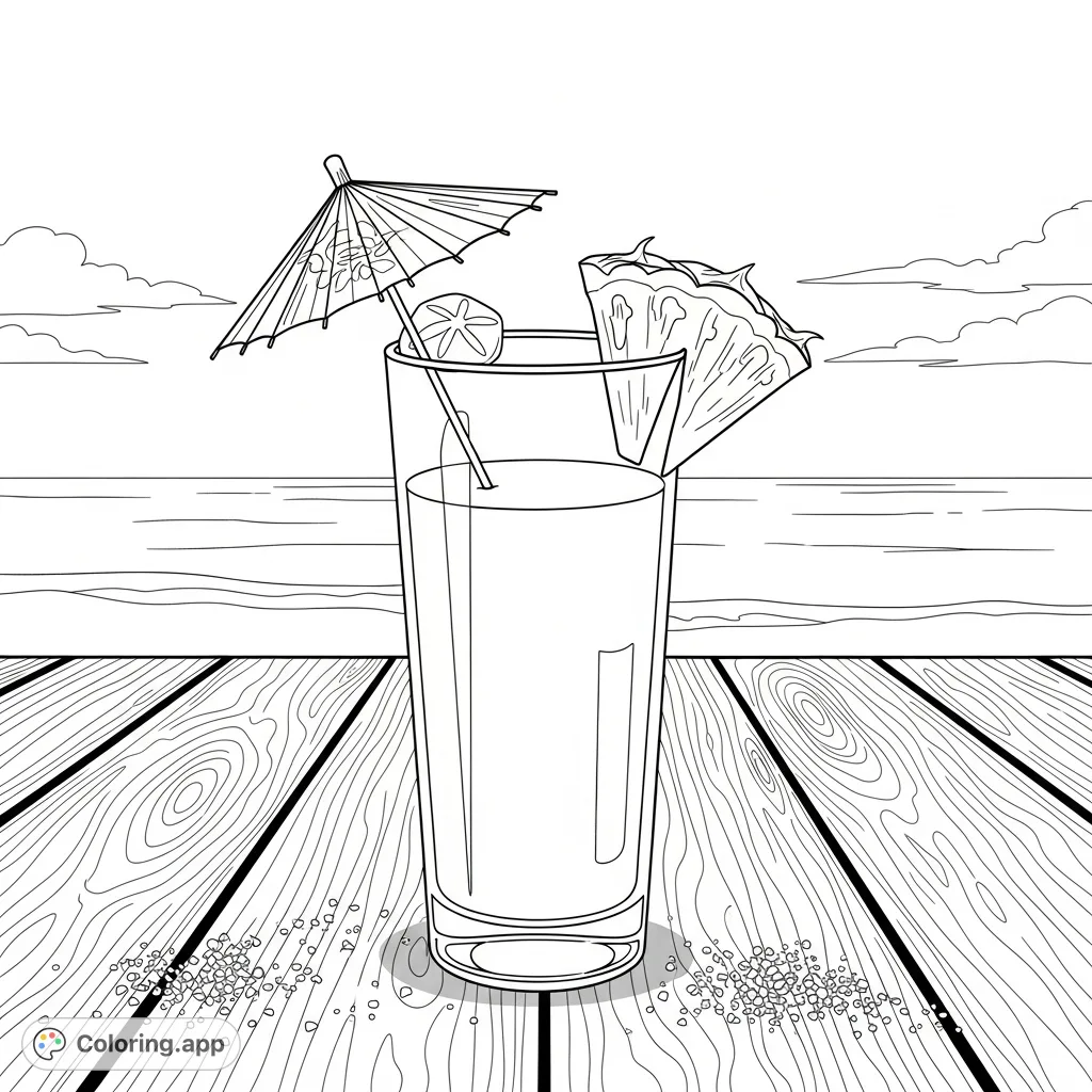 A refreshing tropical cocktail, complete with umbrella and pineapple, rests on a sandy wooden table with an ocean view. Perfect for a relaxing coloring escape.