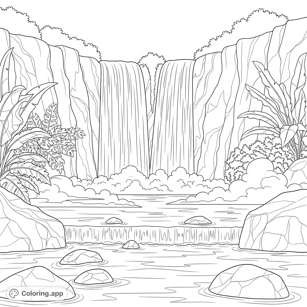 A majestic double-drop tropical waterfall cascades into two serene pools, framed by lush plants and mist clouds, inviting tranquil coloring.