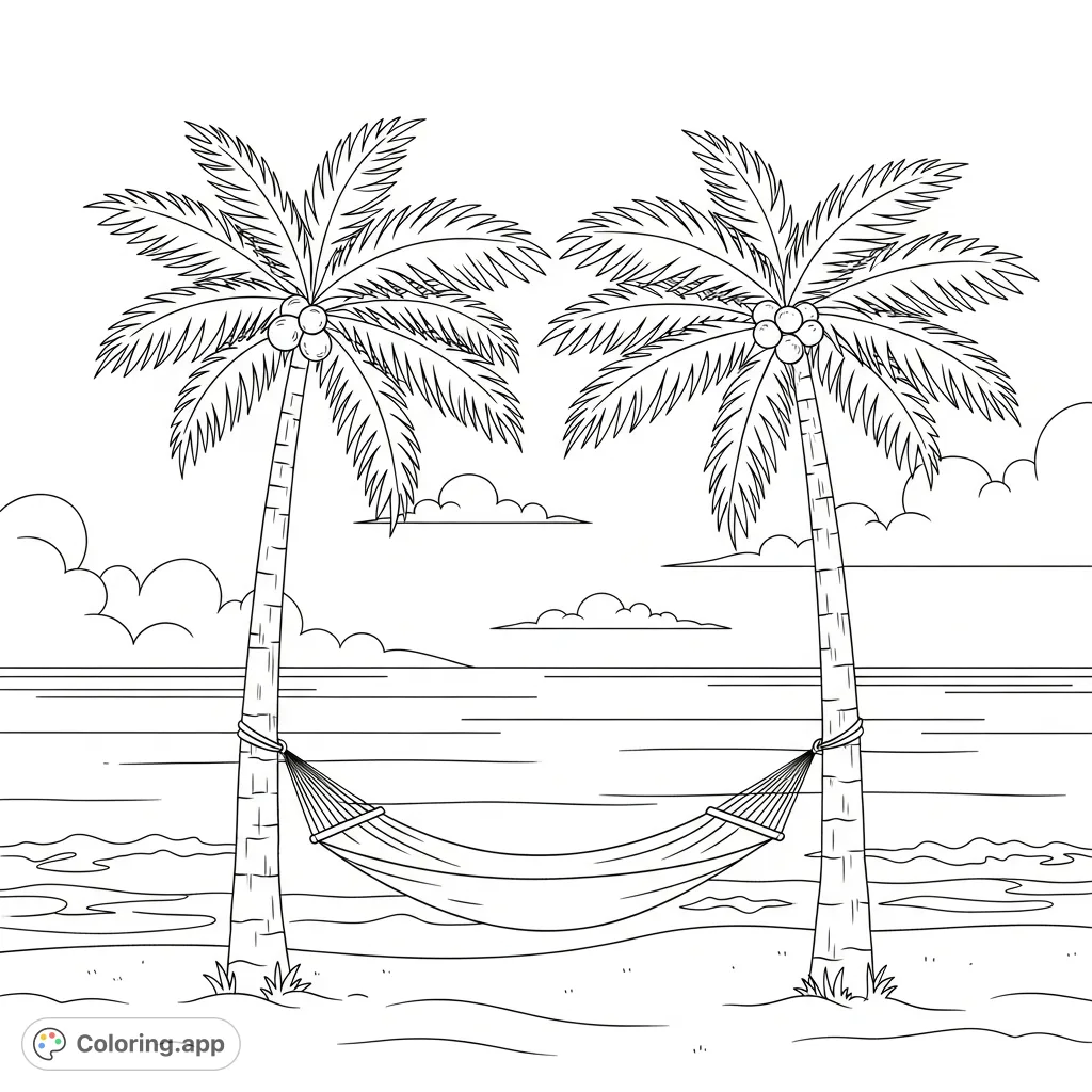 Relax in a serene tropical scene featuring a cozy hammock between two palm trees, overlooking a calm ocean with fluffy clouds on the horizon.