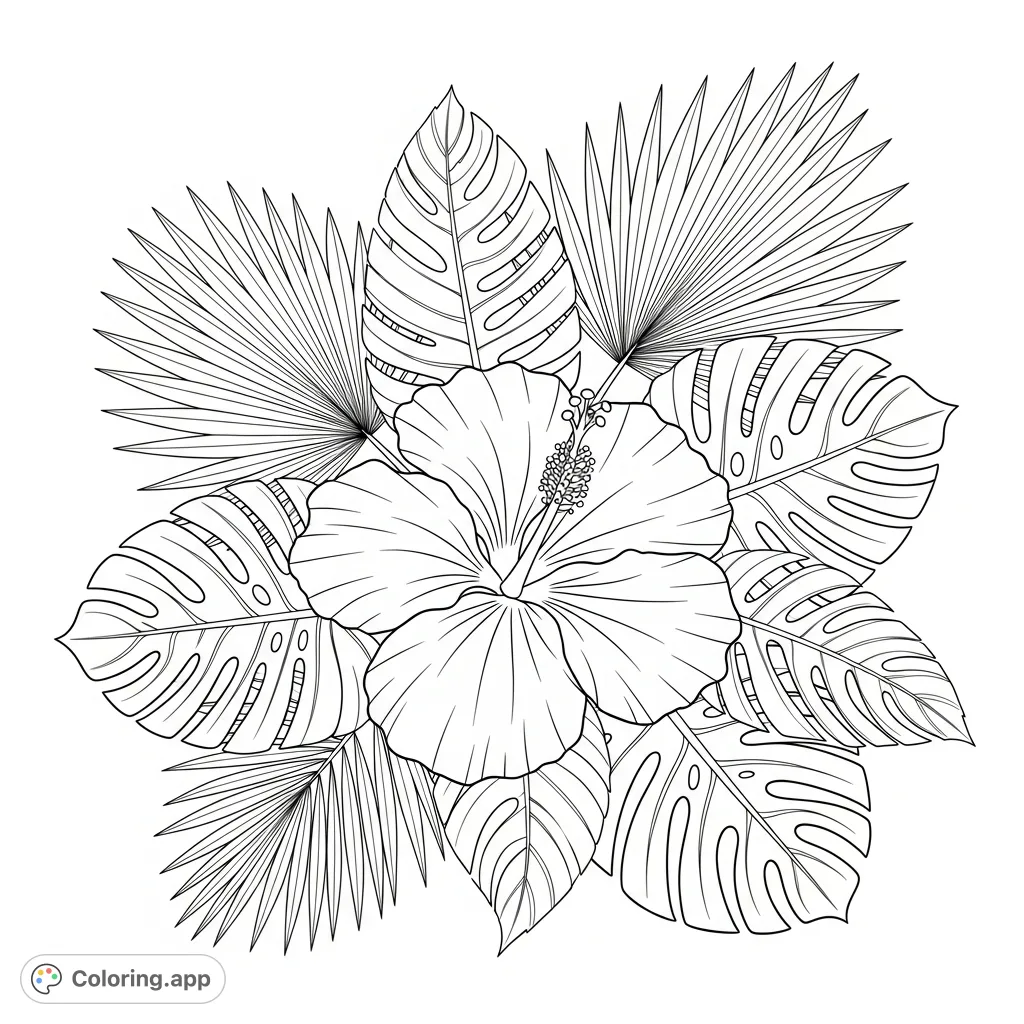 Immerse yourself in a vibrant botanical scene featuring a detailed hibiscus flower with a visible stamen, surrounded by an assortment of lush tropical leaves.