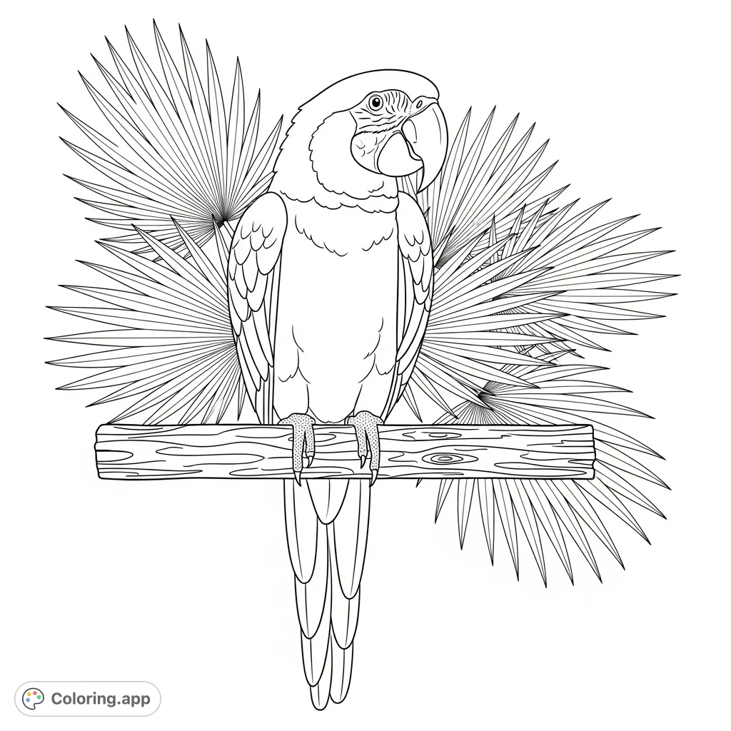 A detailed coloring page featuring a tropical parrot perched on wood, framed by lush palm fronds. Perfect for nature lovers!