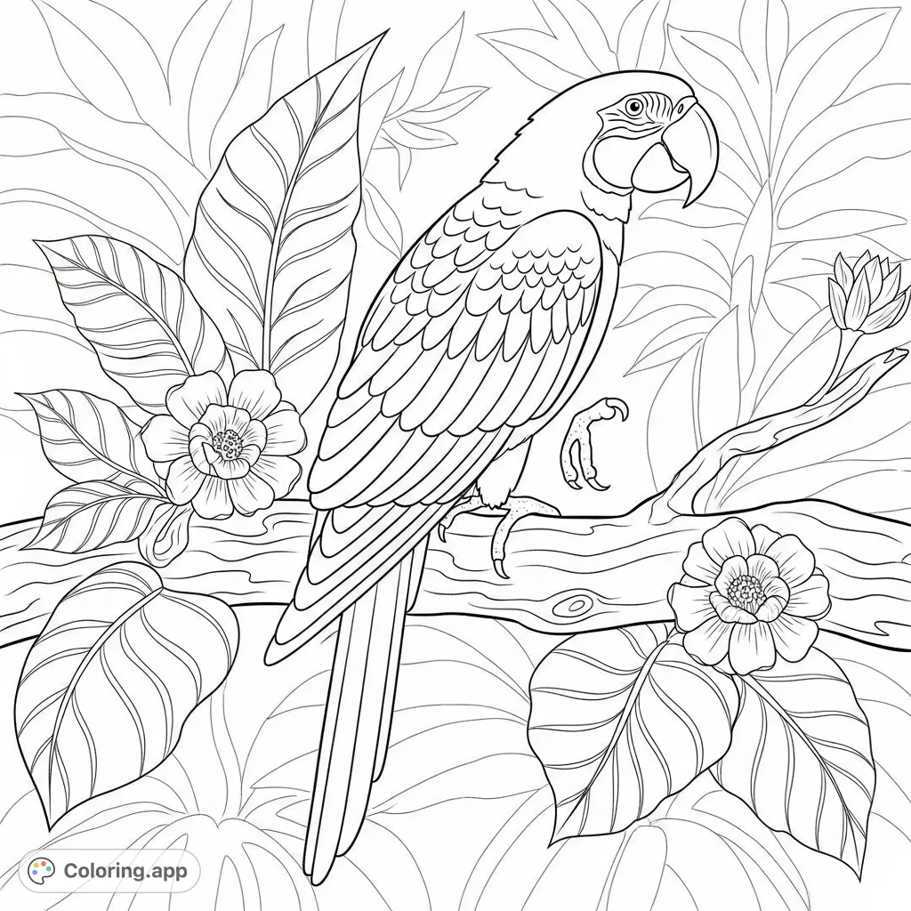 A magnificent parrot with intricate feather details perches on a gnarled tropical branch, surrounded by lush leaves and exotic flowers, capturing the jungle's essence.