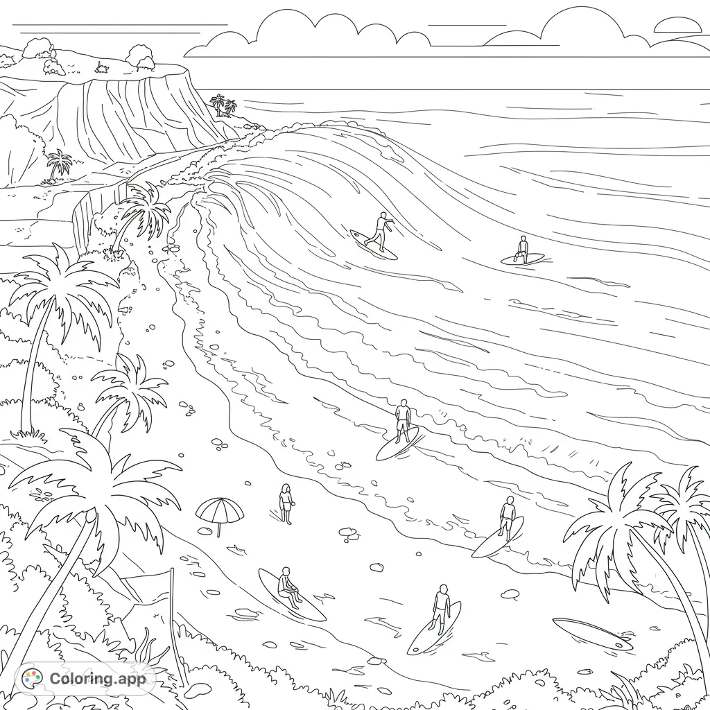 Dynamic tropical beach scene with surfers riding a large wave, palm trees, and a cliffside. A perfect free printable coloring page for summer fun!