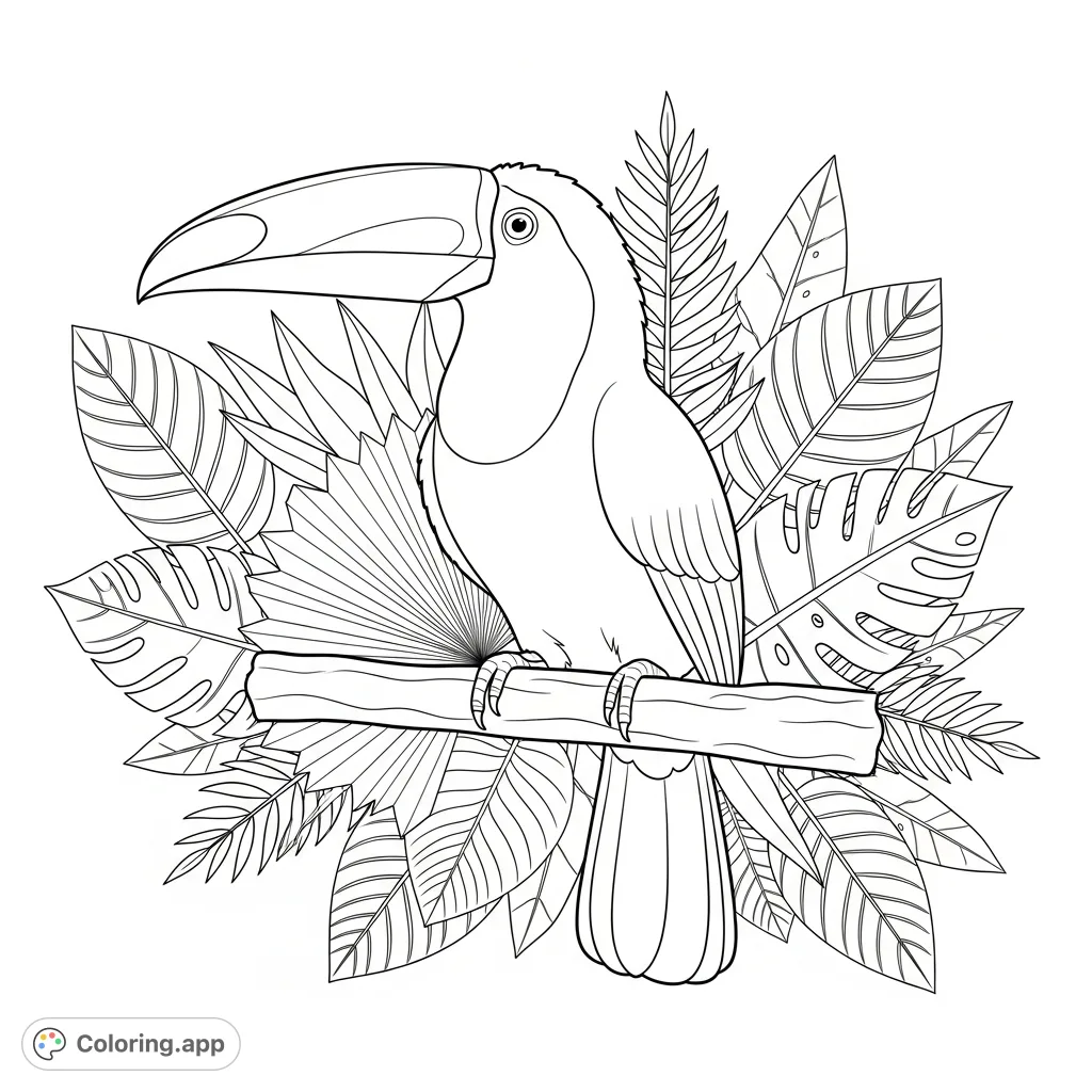 A detailed coloring page featuring a magnificent toucan with its distinctive large beak, perched gracefully amidst a dense tapestry of tropical leaves.