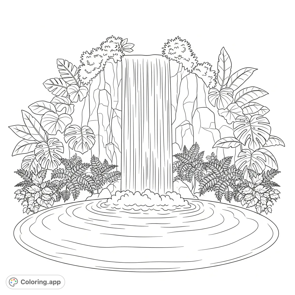 A stunning tropical waterfall plunges into a serene, round pool, surrounded by lush ferns and broad leaves, creating a peaceful jungle oasis.