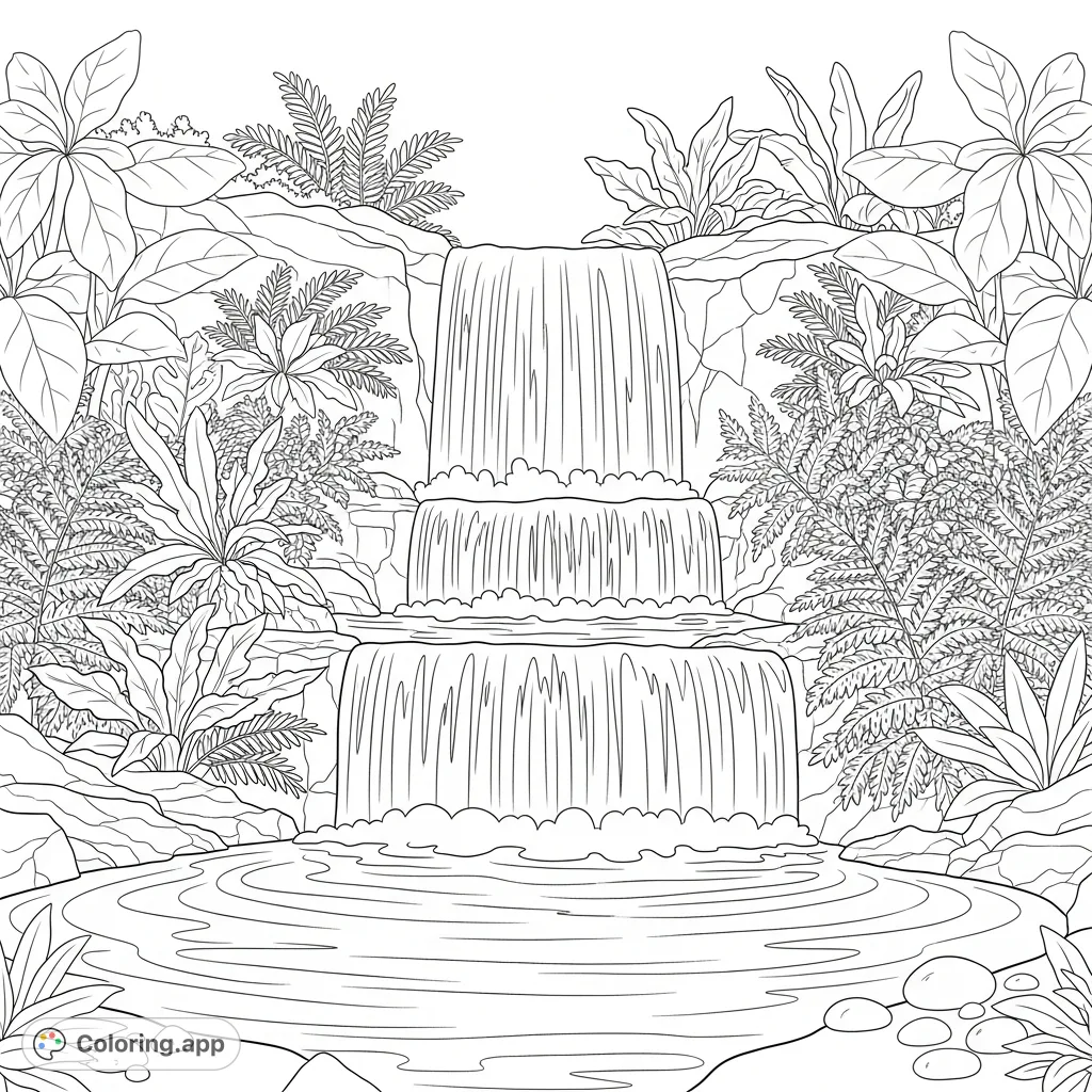 Immerse yourself in a serene tropical oasis. A powerful waterfall plunges into a calm pool, framed by abundant ferns and exotic broad-leafed plants.