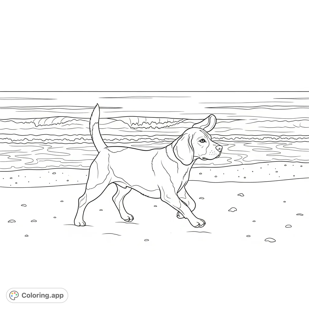 A lively beagle trots along a sandy beach with gentle waves in the background. A relaxing scene perfect for animal lovers and nature enthusiasts.